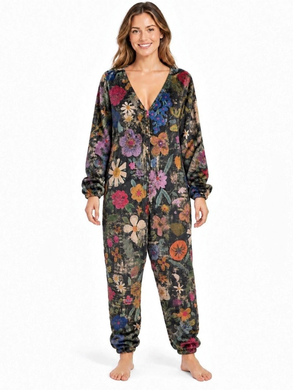 Natural Life Floral Fleece One Piece M Pajama Jumpsuit Cozy Cottagecore Cabin